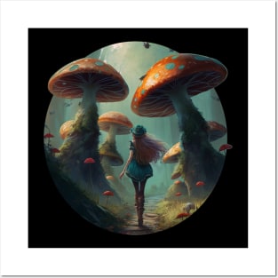 Girl in a mystical mushroom forest Posters and Art